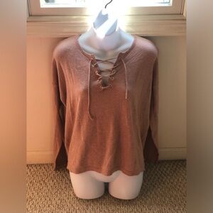 Mango Lace-Up Tan Long Sleeve Top